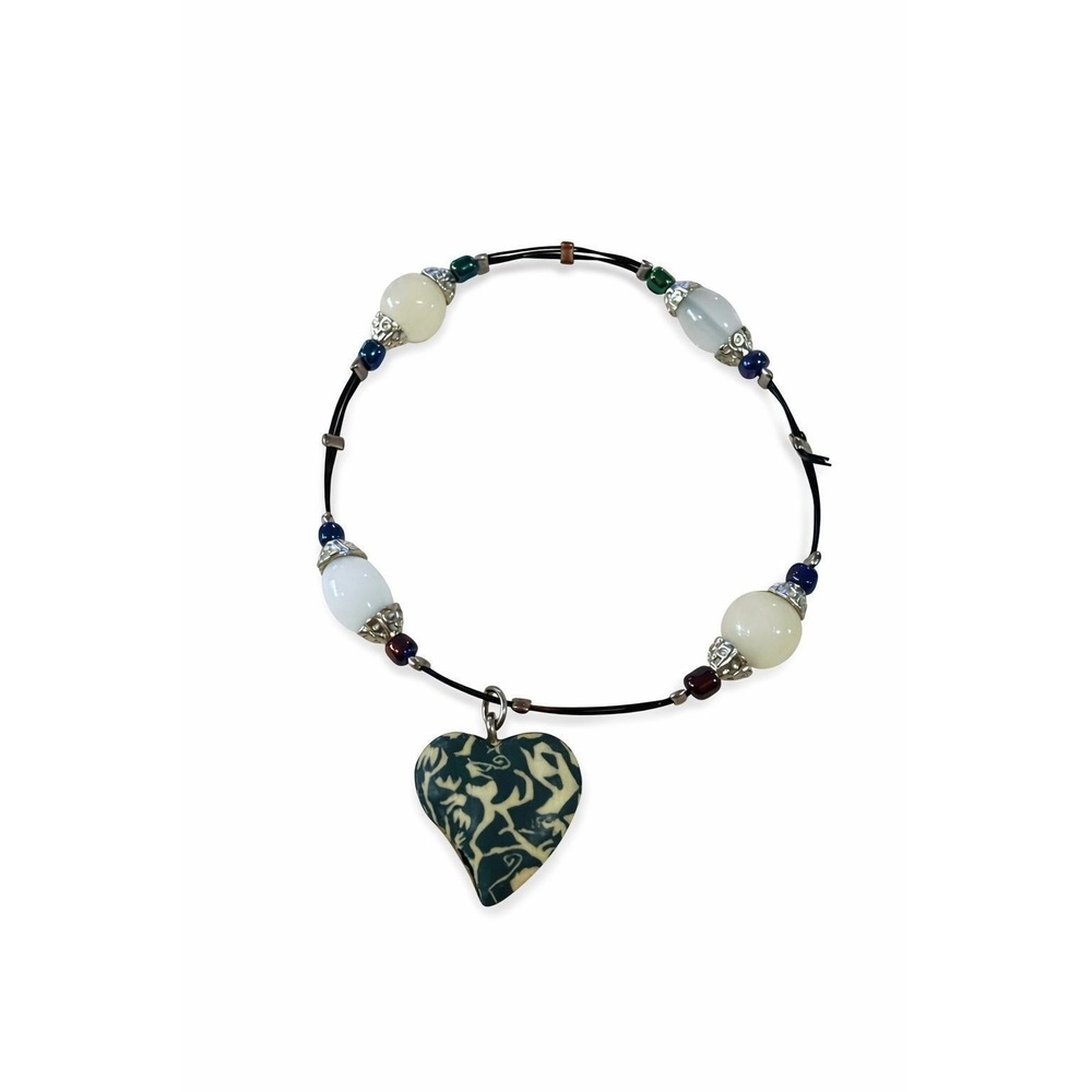 Unbranded Heart Pendant Necklace Women OS Green Cream Boho Beaded Cord